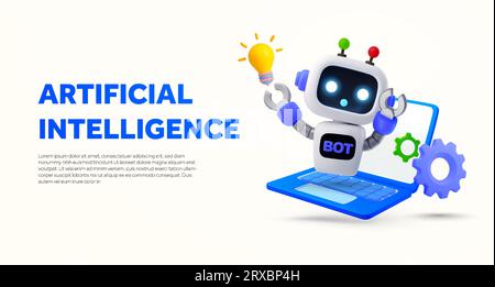 Bannervorlage mit künstlicher Intelligenz mit Roboter, Laptop, Zahnrädern und Glühlampe. Landing-Page für generative KI. 3D gerendertes Robotersymbol isoliert auf weißem Hintergrund. 3D-Vektorillustration. Vektorillustration Stock Vektor
