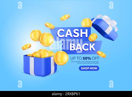 3D-Bannerschablone mit Bargeld, Rabatt von bis zu 50 % mit Geschenkbox, Münzen, Knopf. Sonderangebot Geschenkgutschein-Design. 3D gerendertes Cashback-Symbol isoliert im Hintergrund. 3D-Vektorillustration. Vektorillustration Stock Vektor