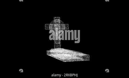 3D-Kopfstein wird auf schwarzem Hintergrund gedreht. Tod und Friedhof-Konzept. Halloween. Hintergrund der Geschäftswerbung. Für Titel, Text, Präsentation. 3D anim Stockfoto