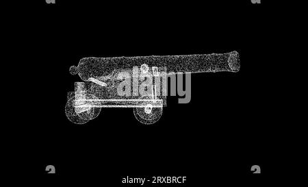 Die antike 3D-Kanone dreht sich auf schwarzem Hintergrund. Geschichte und Kriegskonzept. Piratenkanone. Hintergrund der Geschäftswerbung. Für Titel, Text, Präsentation. 3 Stockfoto