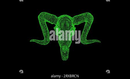 3D-RAM-Schädel dreht sich auf schwarzem Hintergrund. Halloween-Konzept. Tierschädel mit Hörnern. Hintergrund der Geschäftswerbung. Für Titel, Text, Präsentation. 3d Stockfoto