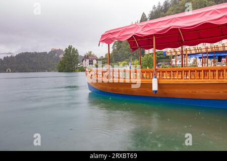 Holzboote auf dem See Bled, Slowenien, Europa Stockfoto