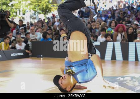 Leuven, Belgien. September 2023. Der japanische B-Boy Shigekix, auch bekannt als Shigeyuki Nakarai, tritt am Sonntag, den 24. September 2023, in der Endphase der Break World Championships in Löwen auf. BELGA PHOTO NICOLAS MAETERLINCK Credit: Belga News Agency/Alamy Live News Stockfoto