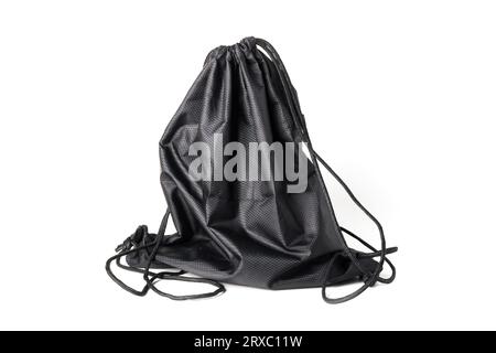 Schwarze Schultasche aus dickem, wasserabweisendem Material für Ersatzschuhe für die Schule isoliert auf weiß Stockfoto