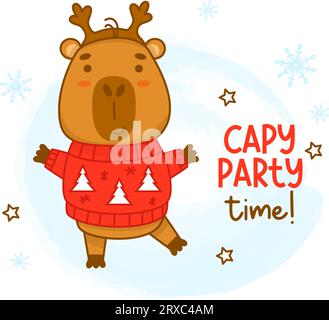 Cooles, süßes Capybara in einem weihnachtlichen Pullover mit Hirschgeweih. Fröhliche Party-Zeit. Vektorillustration. Lustige Wintertier-Figur Nagetier für Karten, des Stock Vektor