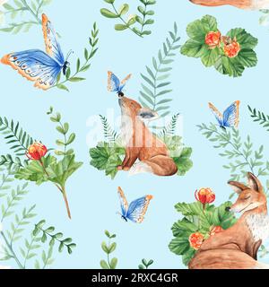 Nahtloses Aquarellmuster mit Mutter und Babyfuchs, Wolkenbeerblättern und Beeren, Farnen, grünen Zweigen, blauem Schmetterling auf blauem Hintergrund Stockfoto