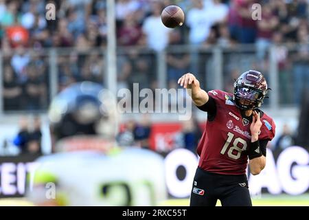 Düsseldorf, Deutschland. September 2023. American Football: Profiliga elf, Rhein Fire - Stuttgart Surge, Play-off-Runde, Finale. Quaterback Adrian Clark von Rhein Fire wirft den Ball. Quelle: Federico Gambarini/dpa/Alamy Live News Stockfoto