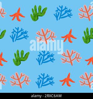 Niedliches Vektor-buntes nahtloses Muster mit roten Korallen auf blauem Hintergrund. Korallenriff, Muscheln, Sternenfische. Vektorillustration Stock Vektor