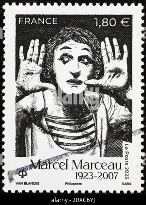 MIME-Künstler Marcel Marceau auf französischer Briefmarke Stockfoto