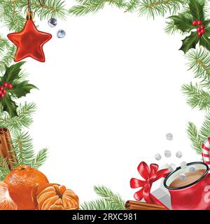 Quadratischer Rahmen mit Mandarinen, Tannenzweigen, stechpalme, Stern, Becher, Geschenk. Weihnachtsillustration isoliert auf weißem Hintergrund. Grußkarten, Einladungen. Stockfoto