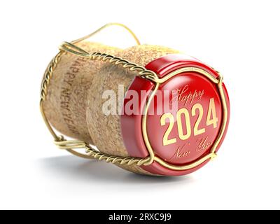 2024 glückliches neues Jahr champaign Korkkappe isoliert auf weiß. 3D-Abbildung Stockfoto