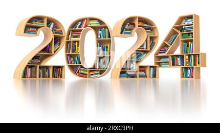 Happy 2024 New Year Education Concept. Bücherregale mit Büchern in Form von Text 2024. 3D-Abbildung Stockfoto