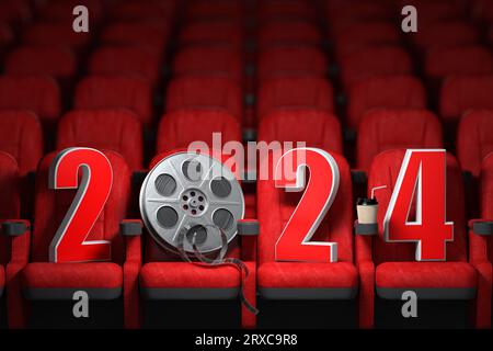 Frohes neues Jahr 2024 in den roten Kinoschauplätzen. Kino- und Filmsaisonal-Konzept 2024. 3D-Abbildung Stockfoto