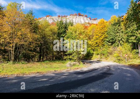 Fahren Sie durch die bergige Landschaft rumäniens. Asphaltstraße Wende unter Pietrele Negre Klippen . Wunderschöne Landschaft des apuseni Naturparks in Stockfoto