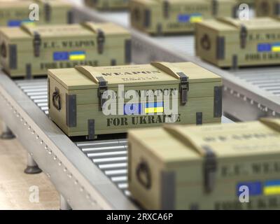 Militärische Herstellung, Lieferung und Lieferung von EU-europäischen Waffen für die Ukraine. Waffenkasten mit Flaggen der Europäischen Union und der Ukraine auf Förderband. 3d Abb. Stockfoto