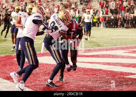 Der Indiana Hoosiers Wide Receiver Cam Camper (6) erzielt einen Touchdown gegen Akron während eines NCAA College-Fußballspiels in Bloomington. IU gewann 29-27 in Überstunden. Stockfoto