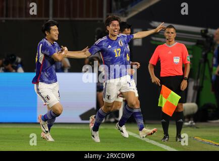 AO Tanaka von Japan jubelte Ÿber sein Tor zum 1:4 Daiki Hashioka von Japan Fussball DFB Nationalmannschaft Freundschaftsspiel Deutschland gegen Japan Freundschaftsspiel 09.09.2023 Volkswagen Arena Wolfsburg © diebilderwelt / Alamy Live News Stockfoto