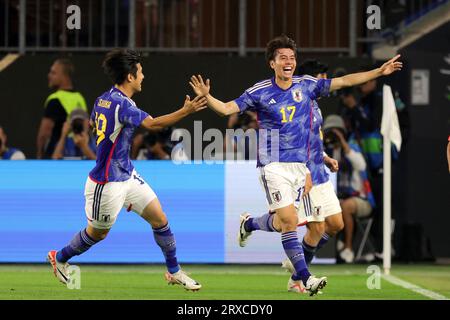 AO Tanaka von Japan jubelte Ÿber sein Tor zum 1:4 Daiki Hashioka von Japan Fussball DFB Nationalmannschaft Freundschaftsspiel Deutschland gegen Japan Freundschaftsspiel 09.09.2023 Volkswagen Arena Wolfsburg © diebilderwelt / Alamy Live News Stockfoto