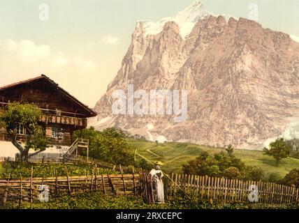 Wetterhorn und Chalet, Berner Alpen, Bern, Schweiz 1890. Stockfoto