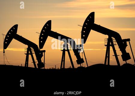 Die Silhouette der Öl- und Gaspumpe in den kanadischen Prärien im Rocky View County, Alberta, Kanada Stockfoto