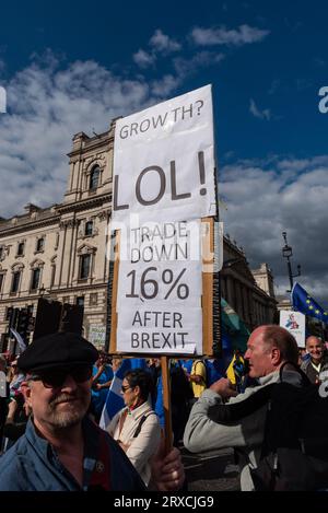 National kehrt am 2. März in London, Großbritannien, zurück. Protestkundgebung, die sich dafür einsetzt, dass das Vereinigte Königreich der Europäischen Union wieder Beitritt. Schild. Trade Down, nicht Wachstum Stockfoto