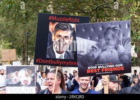 Protest gegen das Verbot von XL-Bulldoggen in Großbritannien bis Ende 2023. Der XL ist eine Variante der amerikanischen Bully-Rasse. Schild mit Rishi Sunak-Schnauze Stockfoto