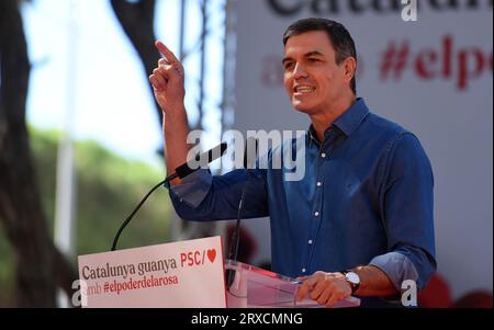 Gava, Spanien. September 2023. Der amtierende Präsident der spanischen Regierung Pedro Sánchez spricht während des Rosenfestes der Katalanischen Sozialistischen Partei in Gava. Die politische Partei PSK (Sozialistische Partei Kataloniens) feiert das Rosenfest in der Stadt Gava, an dem der erste Sekretär der Spanischen Sozialistischen Arbeiterpartei (PSOE) und amtierender Präsident der spanischen Regierung Pedro Sanchez zusammen mit dem Ersten Sekretär der PSC Salvador Illa und der Bürgermeisterin von Gava, Gemma Badia, teilgenommen hat. Quelle: SOPA Images Limited/Alamy Live News Stockfoto