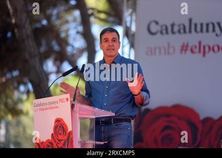 Gava, Spanien. September 2023. Der amtierende Präsident der spanischen Regierung Pedro Sánchez spricht während des Rosenfestes der Katalanischen Sozialistischen Partei in Gava. Die politische Partei PSK (Sozialistische Partei Kataloniens) feiert das Rosenfest in der Stadt Gava, an dem der erste Sekretär der Spanischen Sozialistischen Arbeiterpartei (PSOE) und amtierender Präsident der spanischen Regierung Pedro Sanchez zusammen mit dem Ersten Sekretär der PSC Salvador Illa und der Bürgermeisterin von Gava, Gemma Badia, teilgenommen hat. Quelle: SOPA Images Limited/Alamy Live News Stockfoto