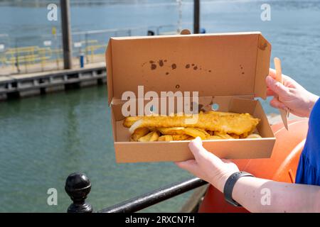 Große Fish and Chips Portion von Dartmouth Küstenstadt Stockfoto