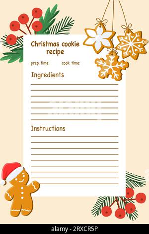 Leere Vorlagenkarte für Weihnachtskeksrezept mit niedlichem Lebkuchenmann-Charakter und Kiefernzweigen, Vektorillustration Stock Vektor