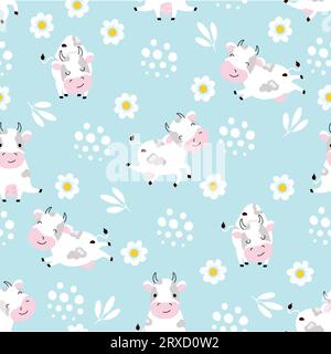 Nahtloses Kuhmuster. Comic Cows Stoffdruck, Babytuch Tiermotiv. Positive Nutztiere und weiße Kamille. Dekoratives Nowaday-Vektordesign Stock Vektor