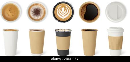 Kaffee in Papierbecher Mockup. Tasse heißer Americano, realistischer Einweg-Cappuccino zum Mitnehmen. Getränkepack zum Einkaufen, Getränke-Geschenkset Stock Vektor