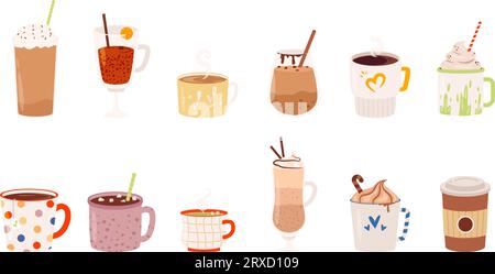 Isolierte Heißgetränke im Winter. Schokoladen-Latte und warmer Kaffee mit Zimtstangen. Feiertagsgetränk in Becher und Tasse. Kakao und Tee kuschelige Vektorgrafik Stock Vektor