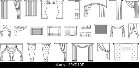 Vorhänge für Tür, Fenster oder Bühne. Fensterdekoration, Umrissjalousien und Vorhang. Verschiedene Innenausstattung aus Stoff, dezenter Vektor für den Innenbereich Stock Vektor