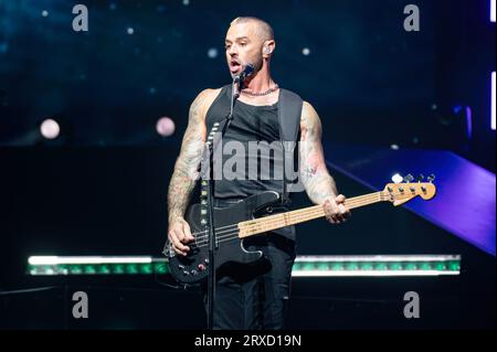 Manchester, Großbritannien. September 2023. James Bourne, Matt Willis und Charlie Simpson von der Band Busted treten in der Manchester AO Arena auf. 24 . 2023 . Quelle: Gary Mather/Alamy Live News Stockfoto