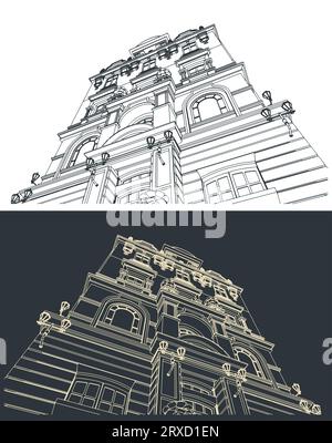 Stilisierte Vektorillustration einer viktorianischen Gebäudefassade Stock Vektor