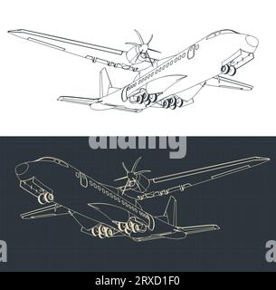 Stilisierte Vektorabbildungen von Bauplänen von Turboprop-Transportflugzeugen Stock Vektor