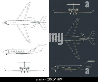 Stilisierte Vektorabbildungen von Blueprints des privaten Business Jets Stock Vektor