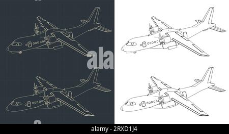 Stilisierte Vektorabbildungen von Bauplänen von Turboprop-Transportflugzeugen Stock Vektor