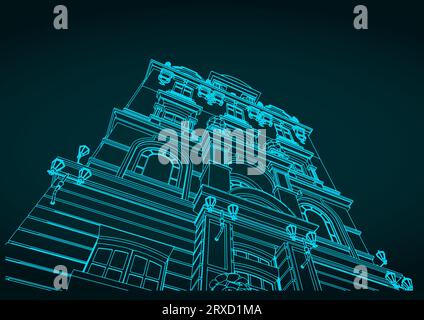 Stilisierte Vektorillustration einer viktorianischen Gebäudefassade Stock Vektor