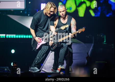 Manchester, Großbritannien. September 2023. James Bourne, Matt Willis und Charlie Simpson von der Band Busted treten in der Manchester AO Arena auf. 24 . 2023 . Quelle: Gary Mather/Alamy Live News Stockfoto