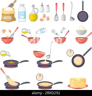 Pfannkuchen. Kochbühnen für die Zubereitung von Pfannkuchen neuestes Vektorillustrationsset Stock Vektor