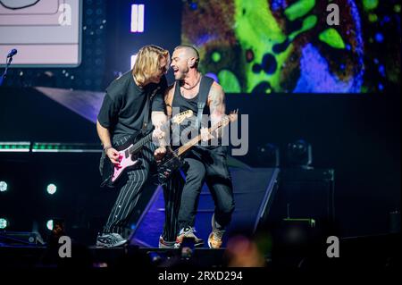 Manchester, Großbritannien. September 2023. James Bourne, Matt Willis und Charlie Simpson von der Band Busted treten in der Manchester AO Arena auf. 24 . 2023 . Quelle: Gary Mather/Alamy Live News Stockfoto