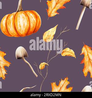 Aquarell halloween-Kürbis, Herbstzweig mit Laub, Krötenstühle isoliert auf weißem Hintergrund. Für Designer, Dekoration, Shop, für Postkarten, wra Stockfoto