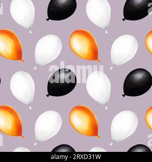 Aquarell Halloween nahtlose Banner mit Ballons Illustration. Handmalerei orange, schwarz, weiße Ballonskizze isoliert auf weißem Hintergrund. Für d Stockfoto