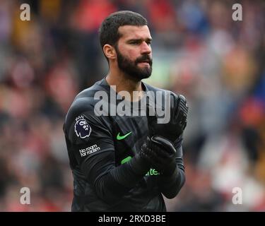 Liverpool, Großbritannien. September 2023. Alisson Becker aus Liverpool während des Spiels der Premier League in Anfield, Liverpool. Auf dem Bild sollte stehen: Gary Oakley/Sportimage Credit: Sportimage Ltd/Alamy Live News Stockfoto