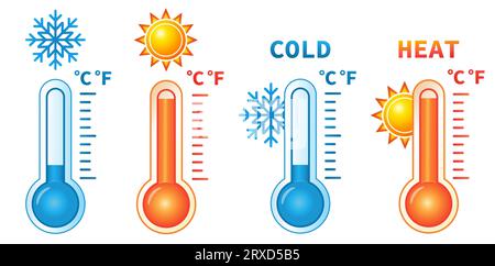 Heißes und kaltes Thermometer, hohe oder niedrige Temperatur, wärmegekühlte Messskala mit Sonne, Schneeflockensymbol. Warmer Sommer, schneebedecktes Winterwetter. Vektor Stock Vektor