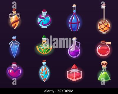 Cartoon-Giftflaschen. Durchstechflasche mit Trank, flüssiges Zauberglas. Zauberer- oder Hexenausrüstung, halloween-Glühtränke. Magisches Alchemie-Nowaday-Vektorset Stock Vektor
