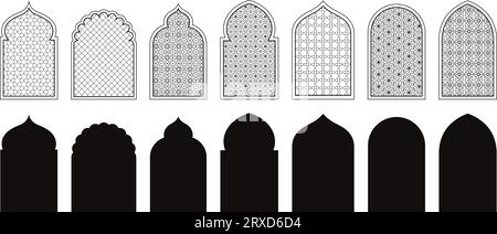 Schwarzes arabisches Fensteremblem. Religiöse Architektur islamische Silhouetten, arabisches Muster. Orientalisches Ornamentfenster, muslimische Symbol-Vektorformen Stock Vektor