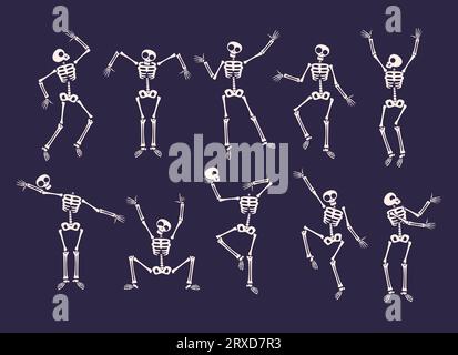 Dancing skeletons. Jump dance human skeleton funny death band, cute dead dancer character poses for fun halloween mystery party spine bones joints mascot vector illustration of skeleton halloween Stock Vektor